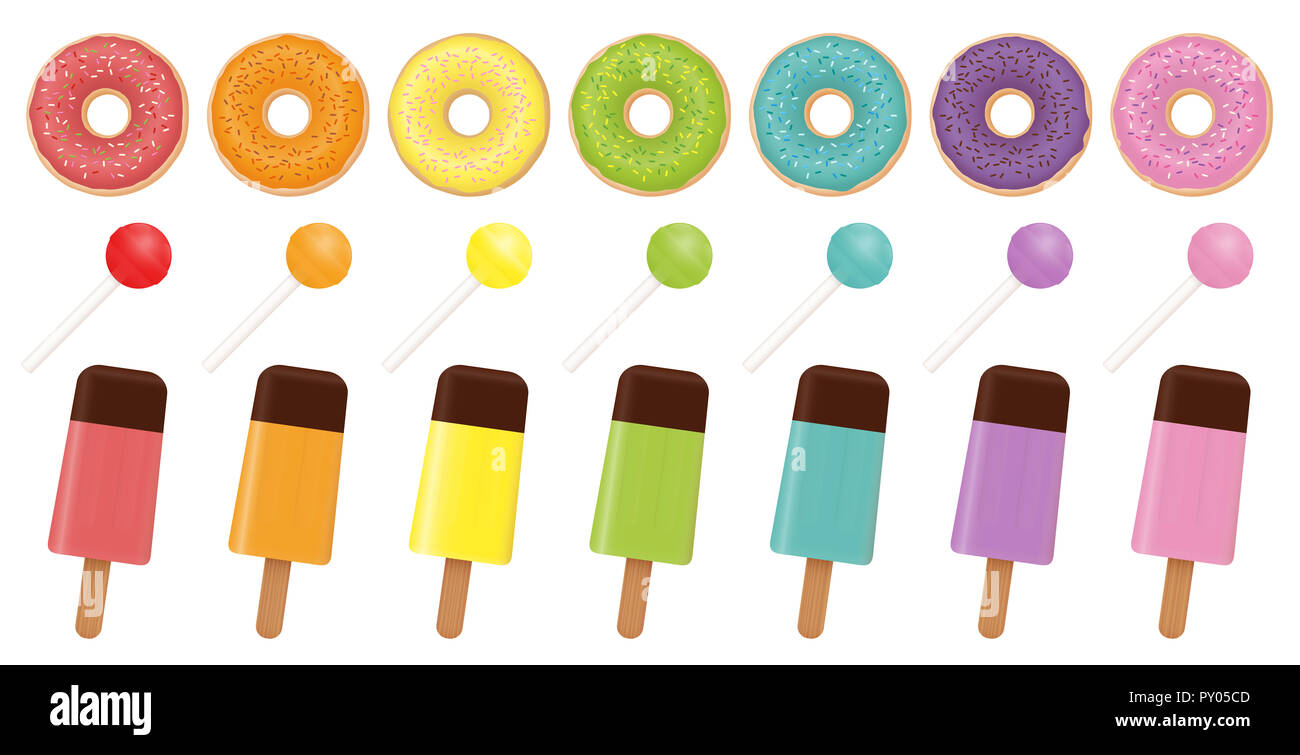 Caramelle pattern. Ciambelle colorate, ghiaccioli e lollipop. Rainbow Collezione colorata. Foto Stock