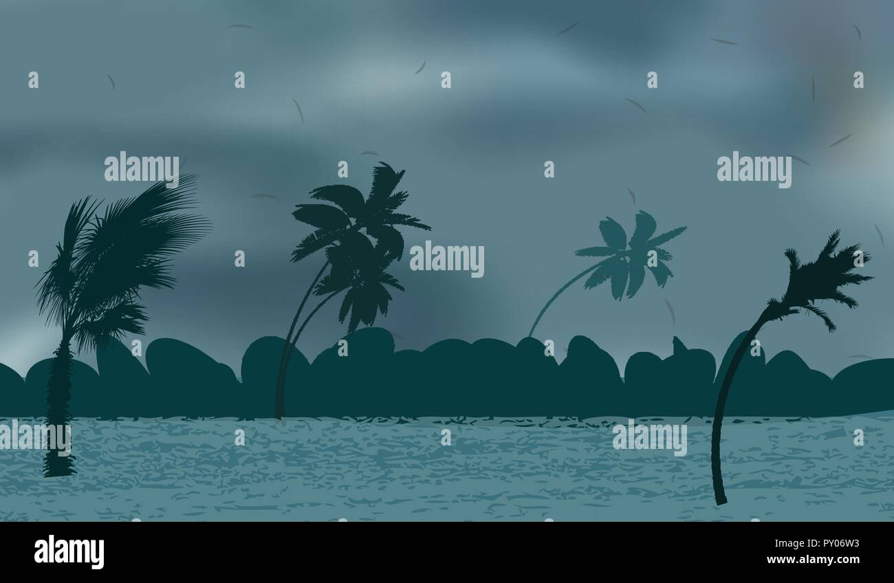 Palme durante la tempesta e di uragano. Lascia volare attraverso il cielo della città dalla tempesta. Illustrazione Vettoriale. EPS10 Illustrazione Vettoriale