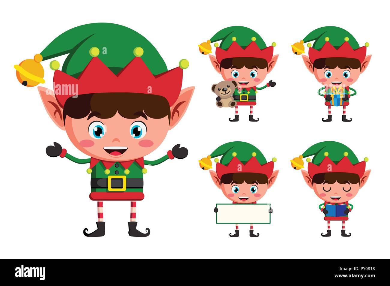 Natale vettore elf set di caratteri. Ragazzo giovane elfi cartoon charcaters azienda elementi di natale e oggetti isolati in uno sfondo bianco. Vettore Illustrazione Vettoriale