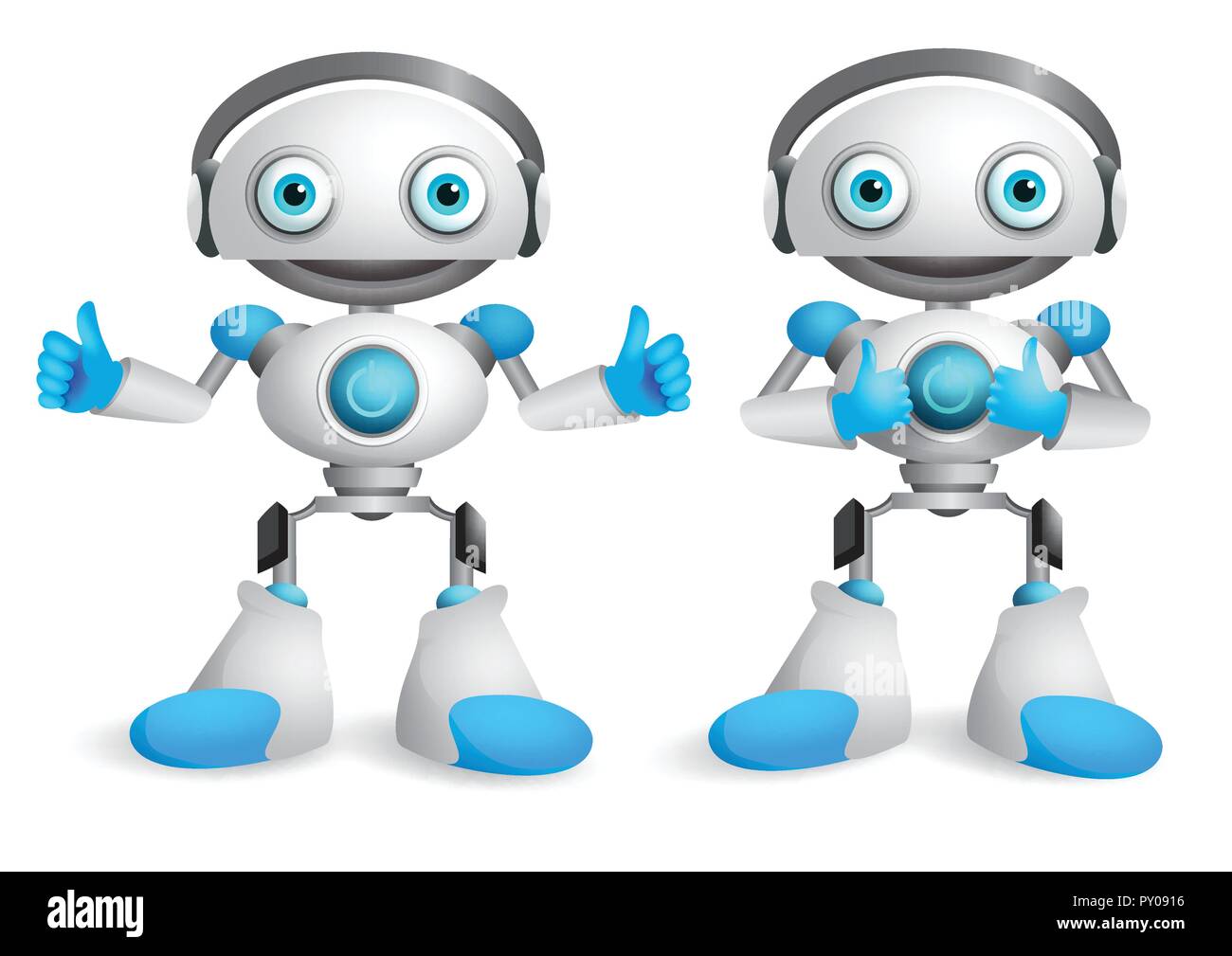 Vettore di robot di set di caratteri. Mascotte divertenti robot elemento di design per la presentazione con okay gesti isolati in bianco. Illustrazione Vettoriale. Illustrazione Vettoriale