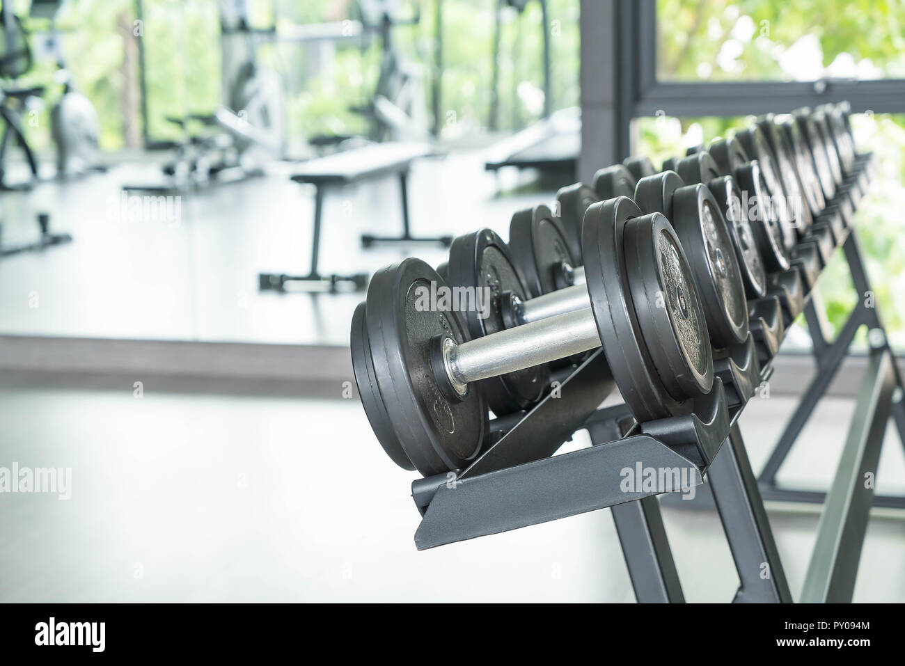 Vista delle righe di pesi su un rack in una palestra Foto Stock