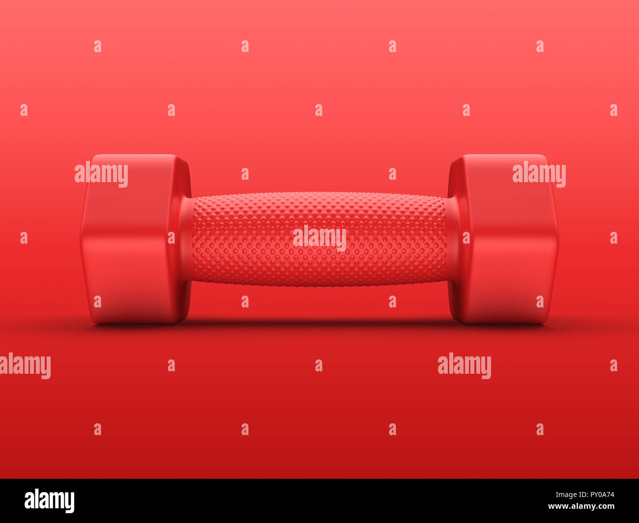 Rendering 3d vista anteriore di un 2kg rosso mano in gomma Peso drammaticamente illuminati dal di sopra su uno sfondo di colore rosso. Foto Stock