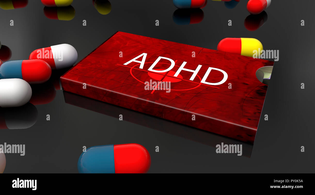 3D render. Casella di medicina per ADHD Foto Stock