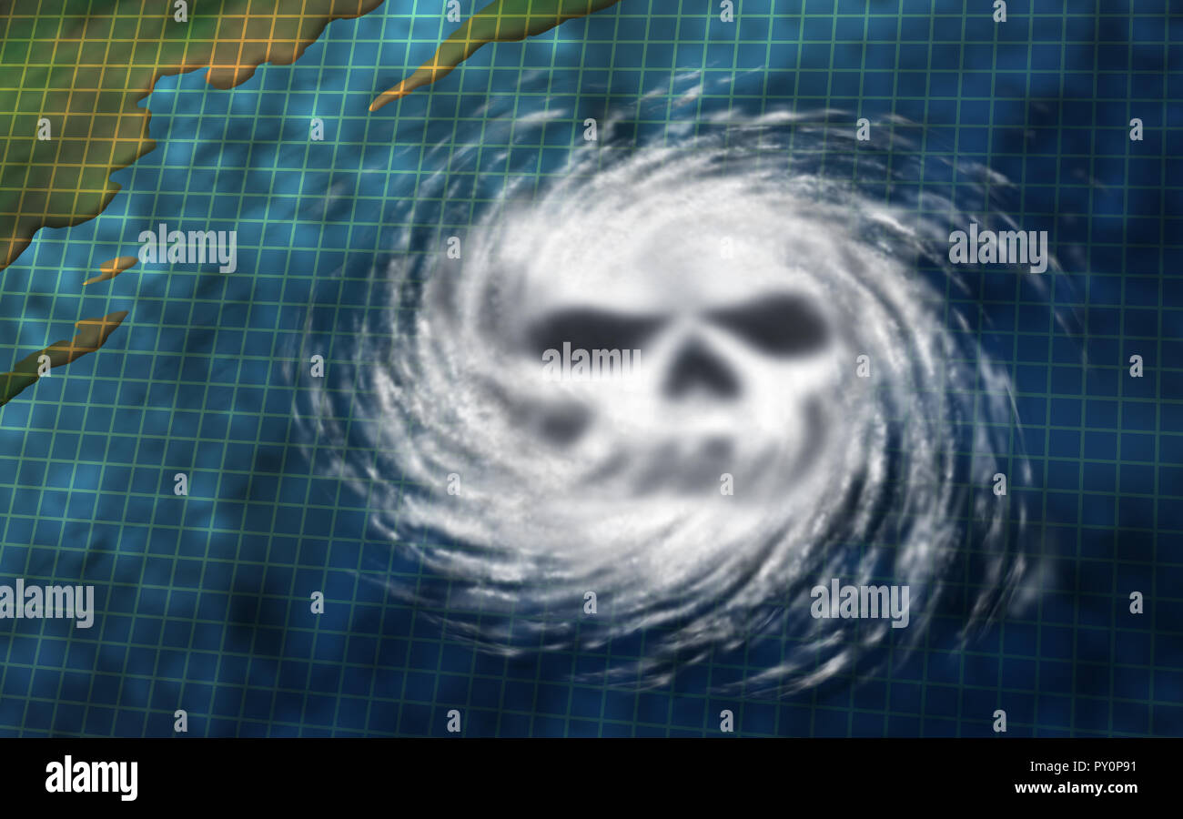 Uragano pericolo come un pericoloso disastro naturale tempesta tropicale sistema meteo off un oceano costa conformata come un teschio di morte in un 3D illustrazione dello stile. Foto Stock