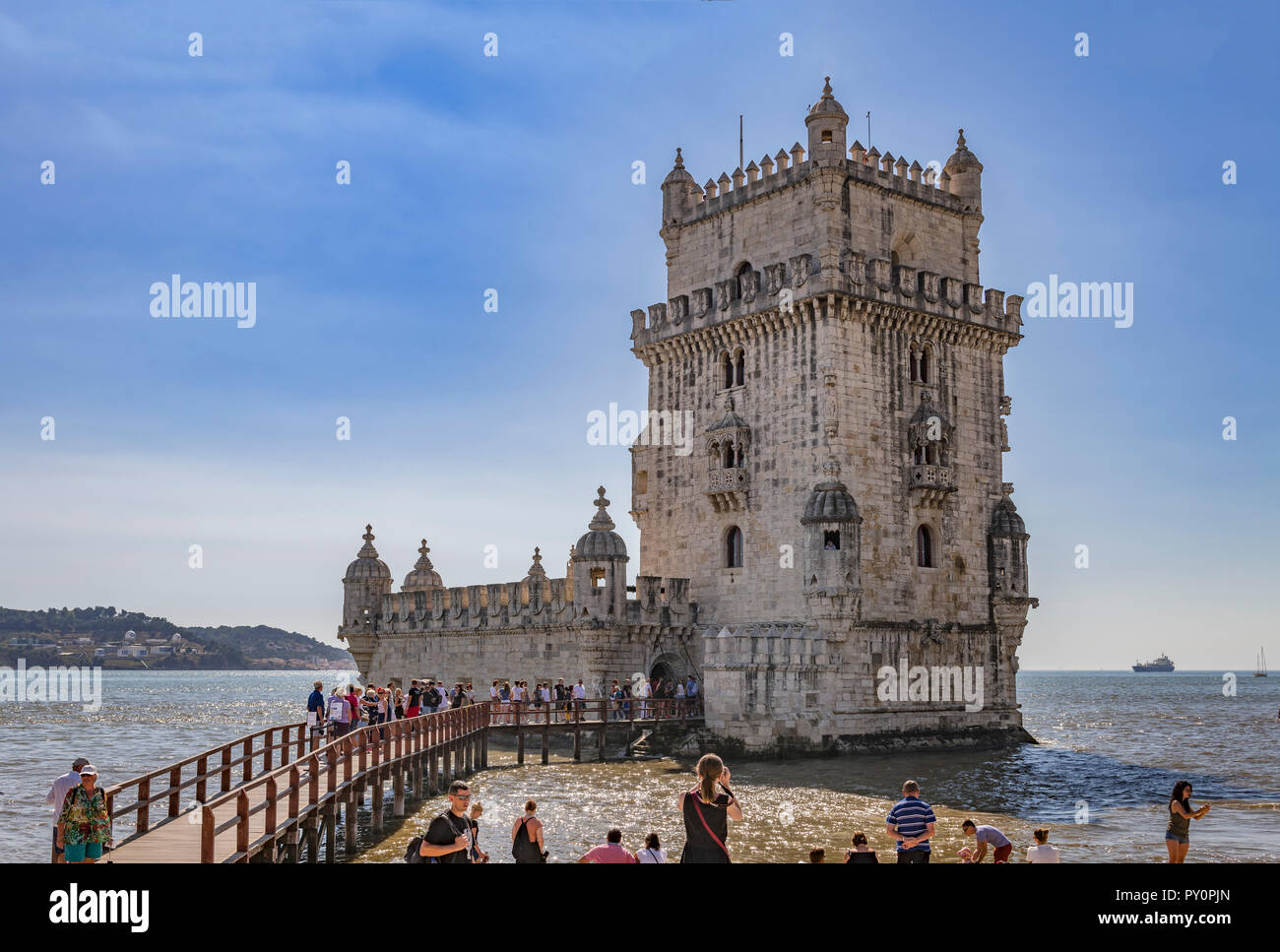 La torre di Belem sulle rive del fiume Tago a Lisbona Portugay Foto Stock
