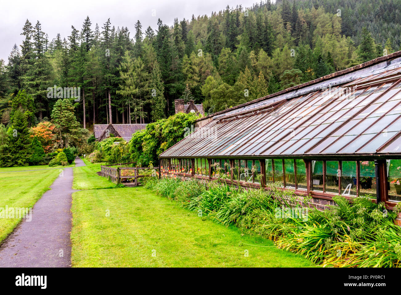 Un sentiero pedonale lungo una serra con piante e fiori esotici in Benmore Botanic Garden, Loch Lomond e il Trossachs National Park, Scozia Foto Stock