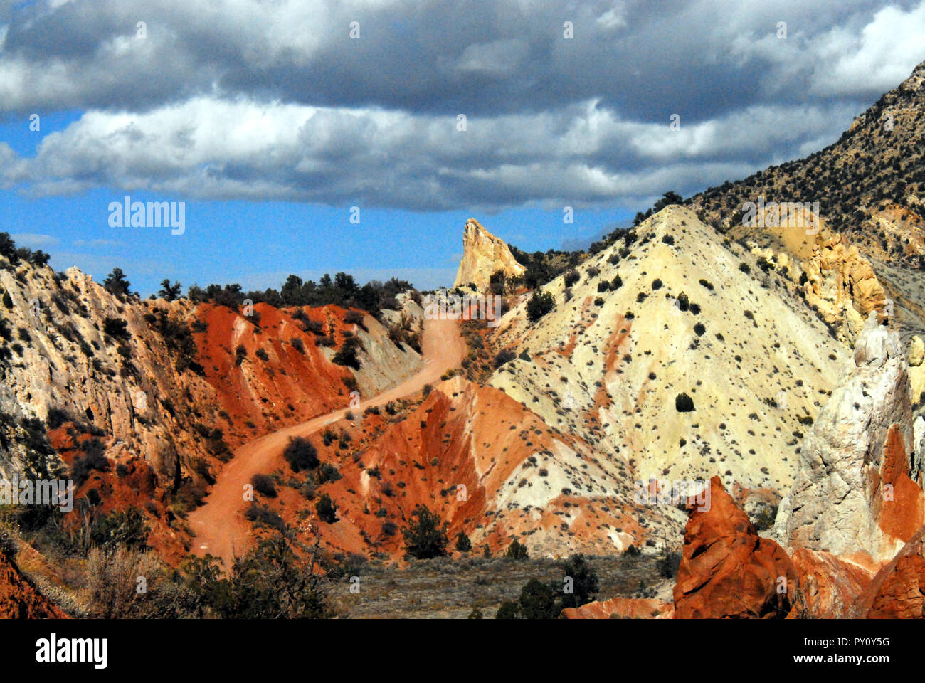 L'incredibile Colline variopinte e scogliere lungo la strada sterrata per Grosvenor Arch nel sud dello Utah, Stati Uniti d'America Foto Stock
