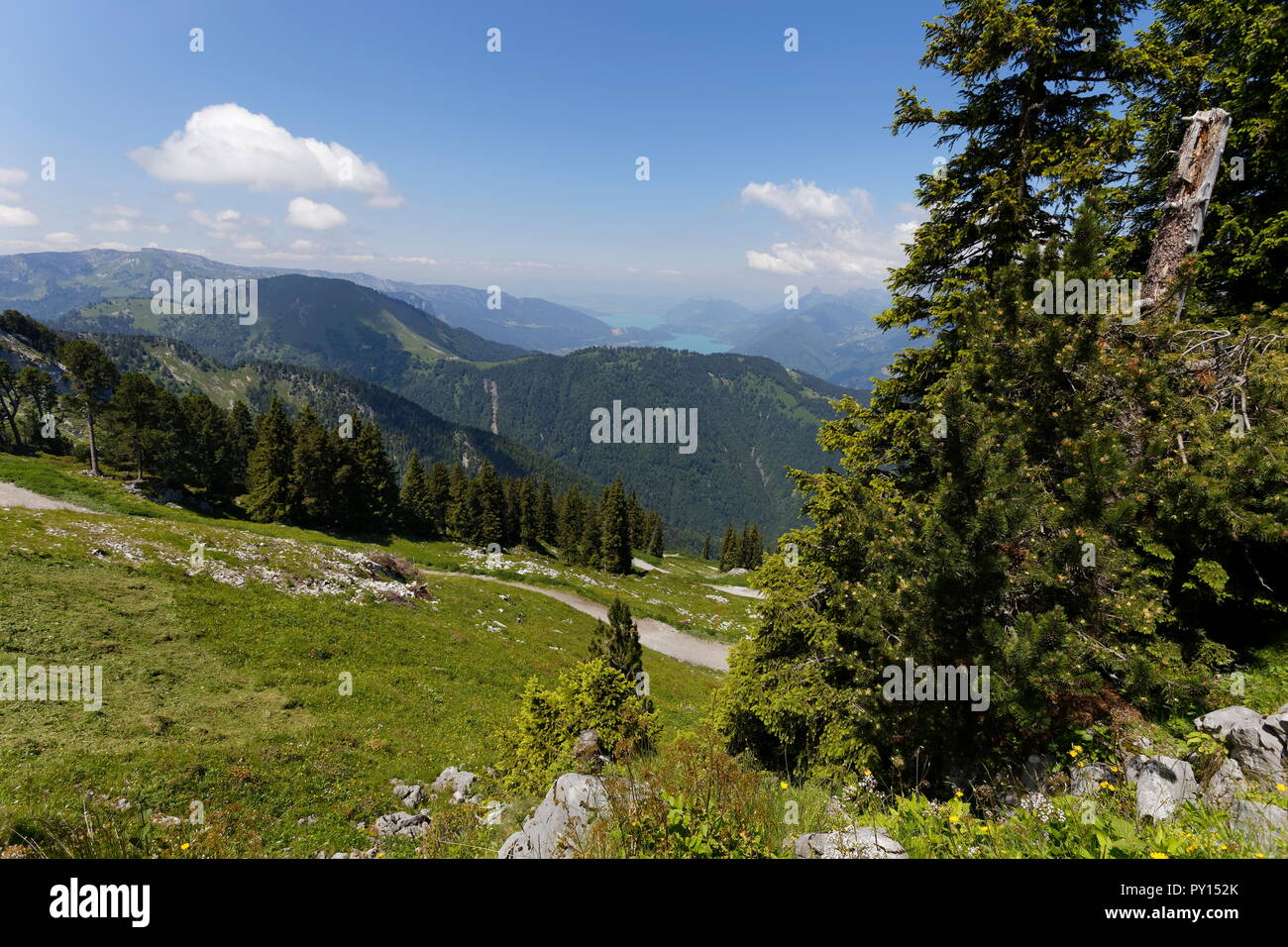 Vista del lago di Annecy dal La Sambuy area di montagna nei pressi di Faverges Francia Foto Stock