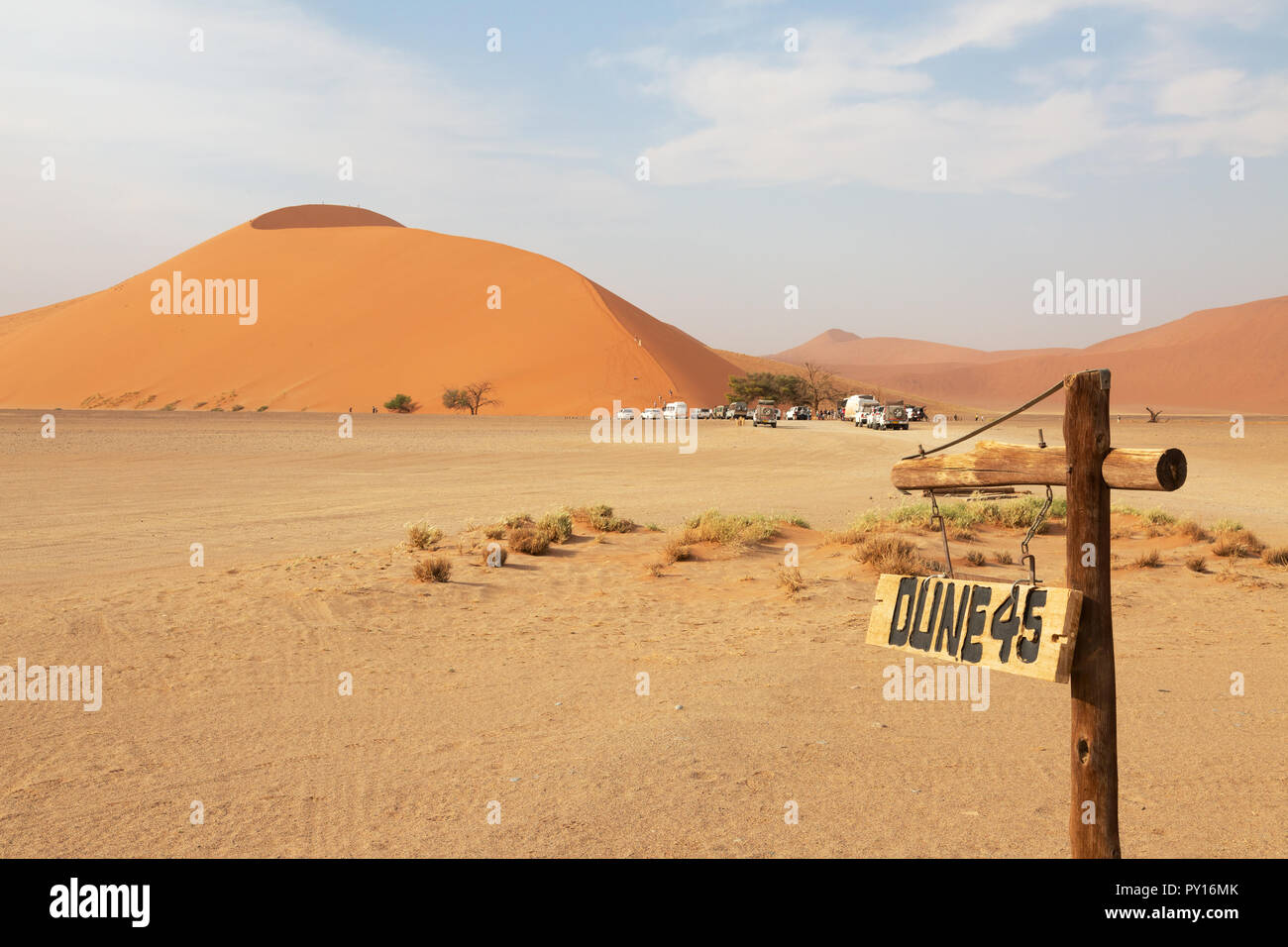 Dune 45 un ben noto e dune di sabbia del deserto del Namib e Sossusvlei, Namibia Africa Foto Stock