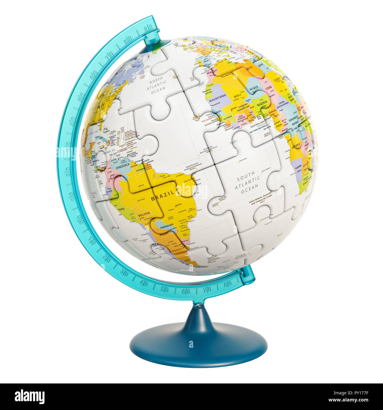 Globo geografico del pianeta terra da puzzle. 3D rendering isolati su sfondo bianco Foto Stock