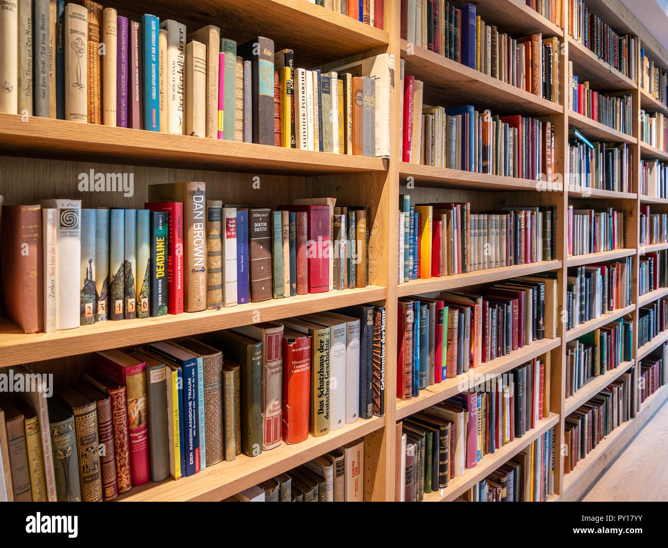 Immagine del libro in legno scaffale con libri in biblioteca Foto Stock