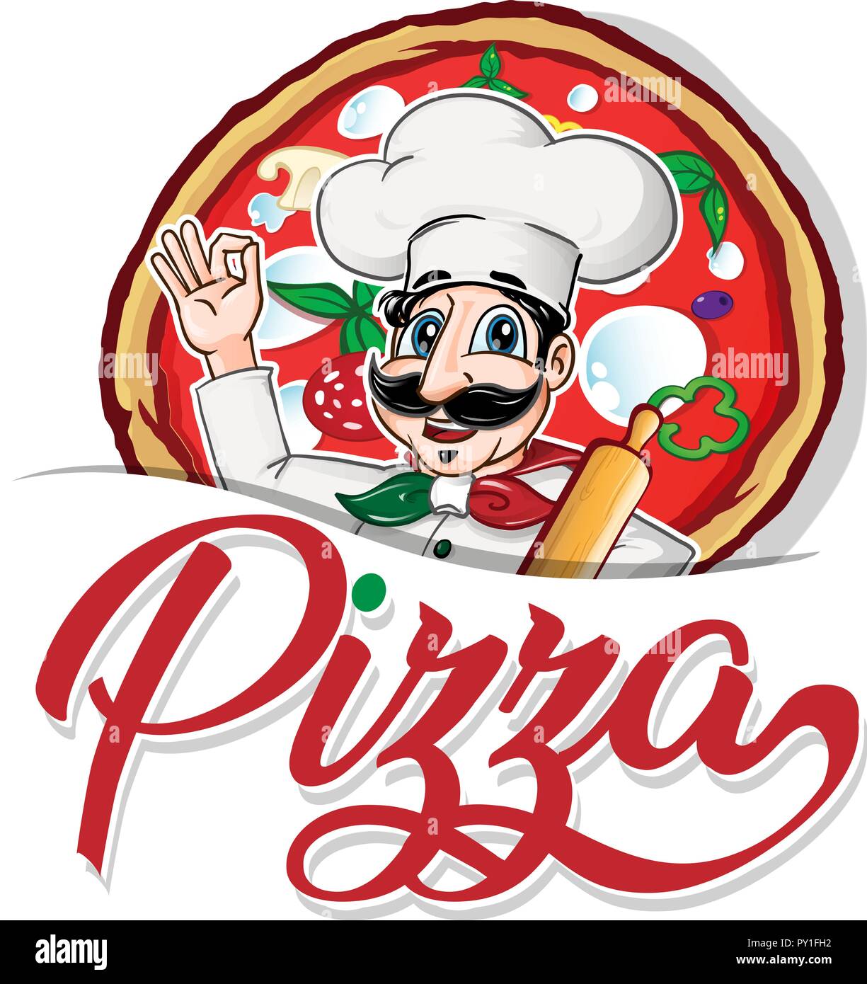 Emblema di divertenti cuoco italiano su sfondo pizza Illustrazione Vettoriale