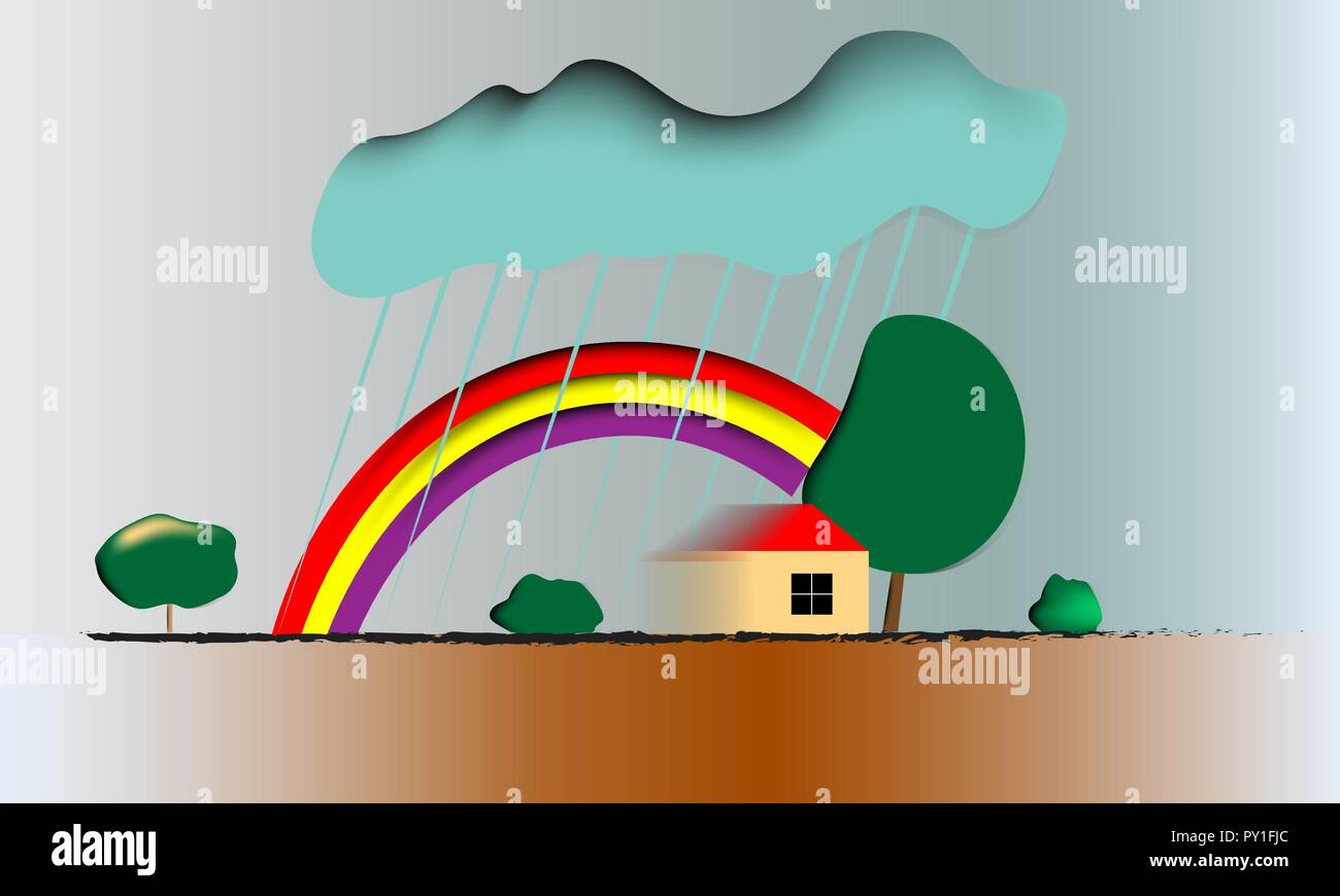 L'arcobaleno in un cielo blu subito dopo una doccia a pioggia in un alloggiamento station wagon Illustrazione Vettoriale