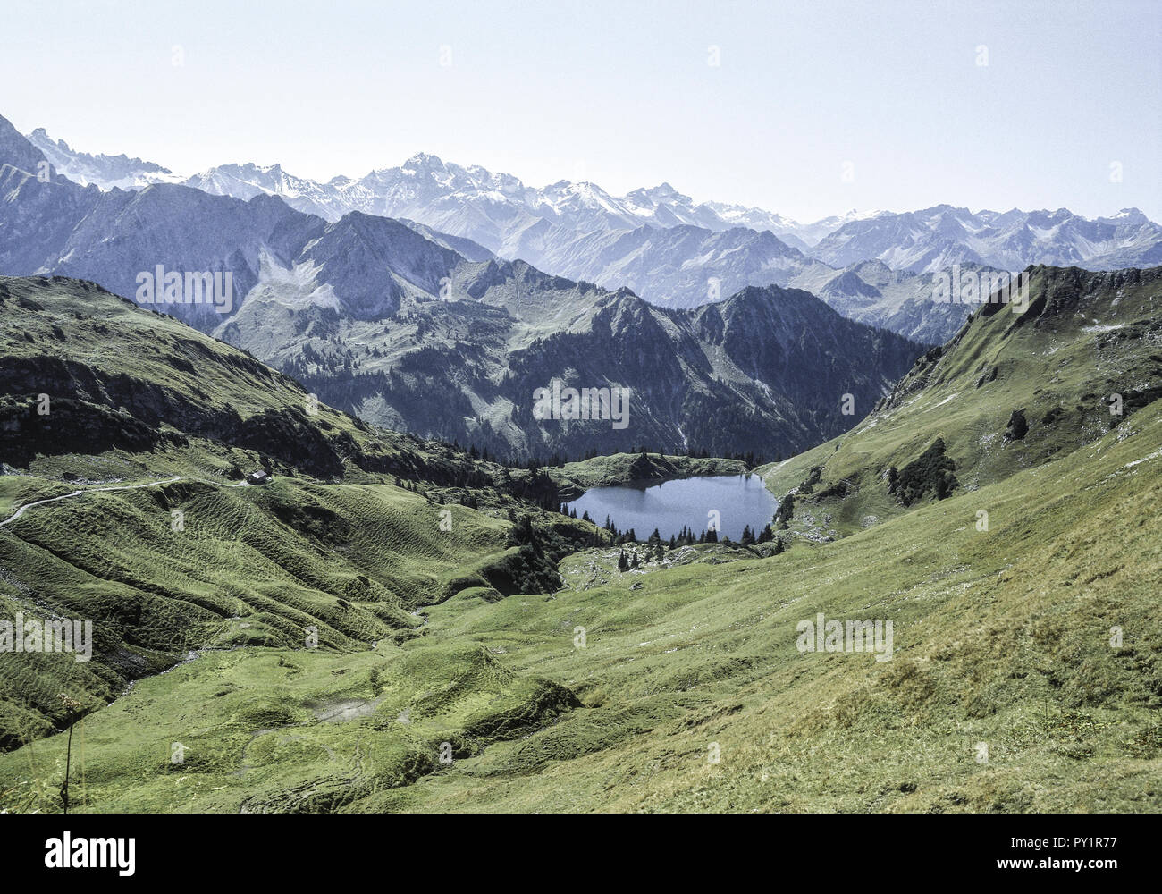 Berglandschaft mit Bergwiesen und kleinem Bergsee, Allgaeuer Alpen, Bayern Foto Stock