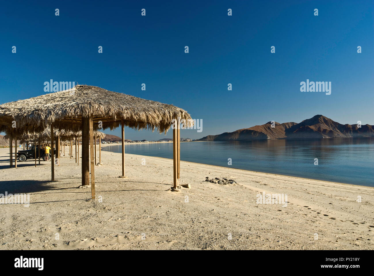 Camper, palapas sul Golfo di California (Mare di Cortez) spiaggia, Bahia San Luis Gonzaga, Campo Rancho Grande, Baja California, Messico Foto Stock