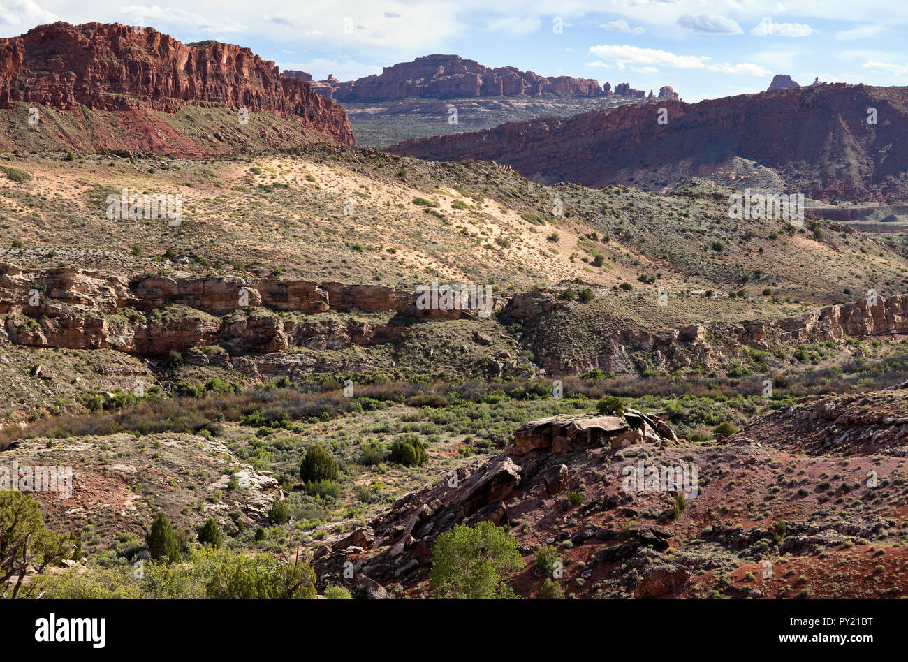 In vista del Parco Nazionale di Arches nei pressi di Moab, Utah, Stati Uniti d'America Foto Stock