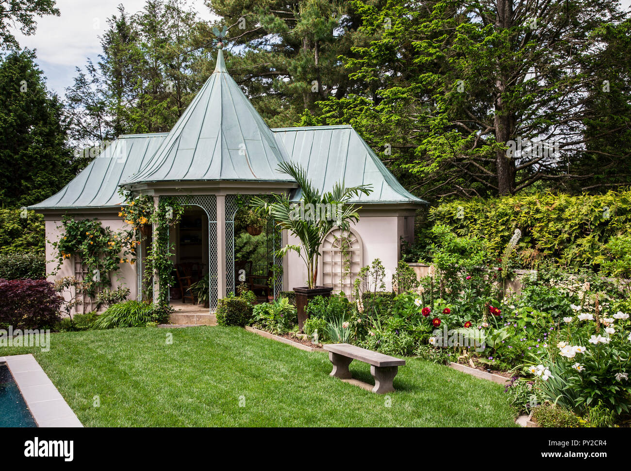 Sala giardino e Pool House, Chanticleer Gardens, Wayne, Pennsylvania, Stati Uniti, Giardini botanici formali US Foto Stock