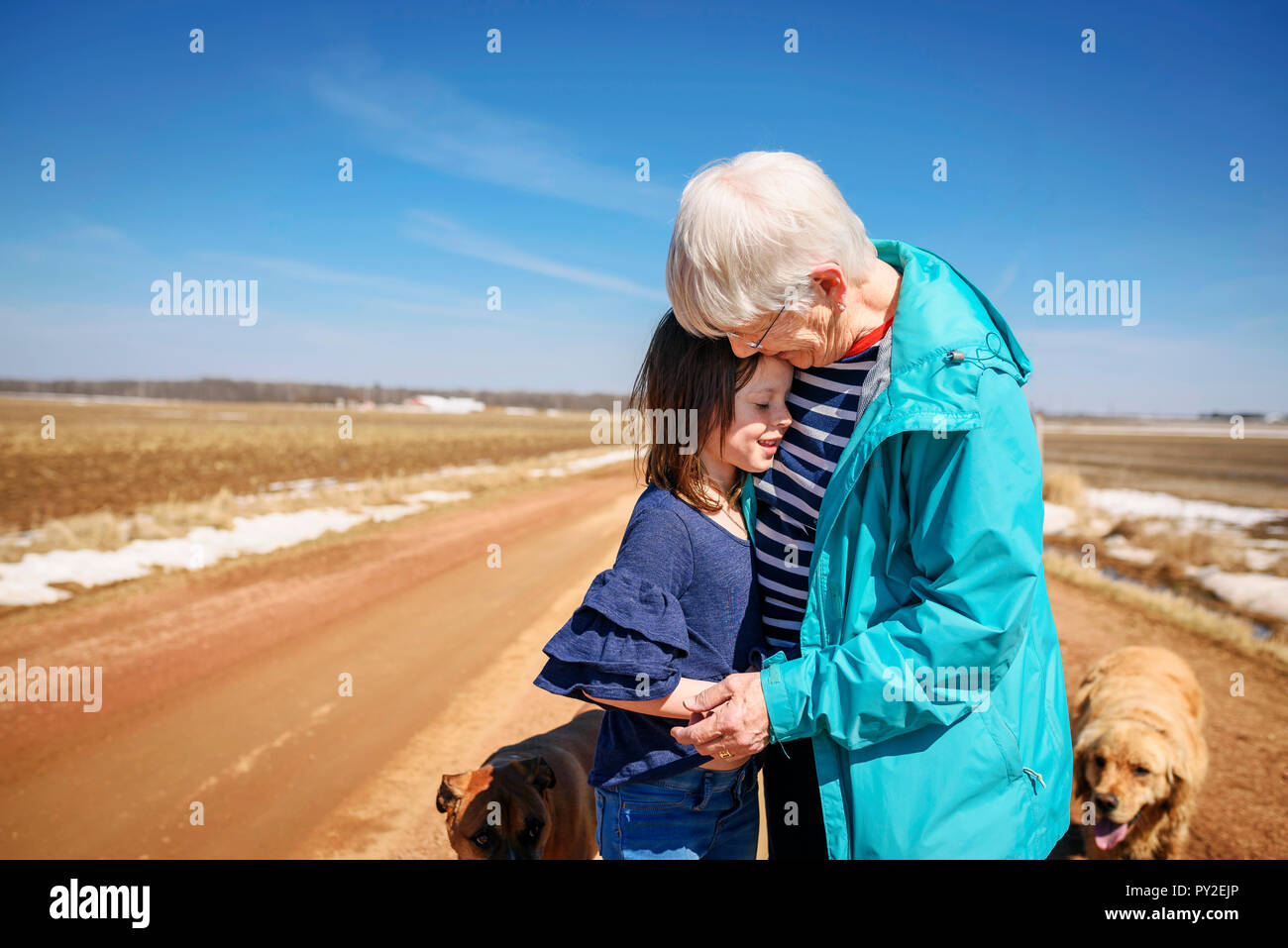 Nonna in piedi da una strada con due cani abbracciando il suo nipote, Stati Uniti Foto Stock