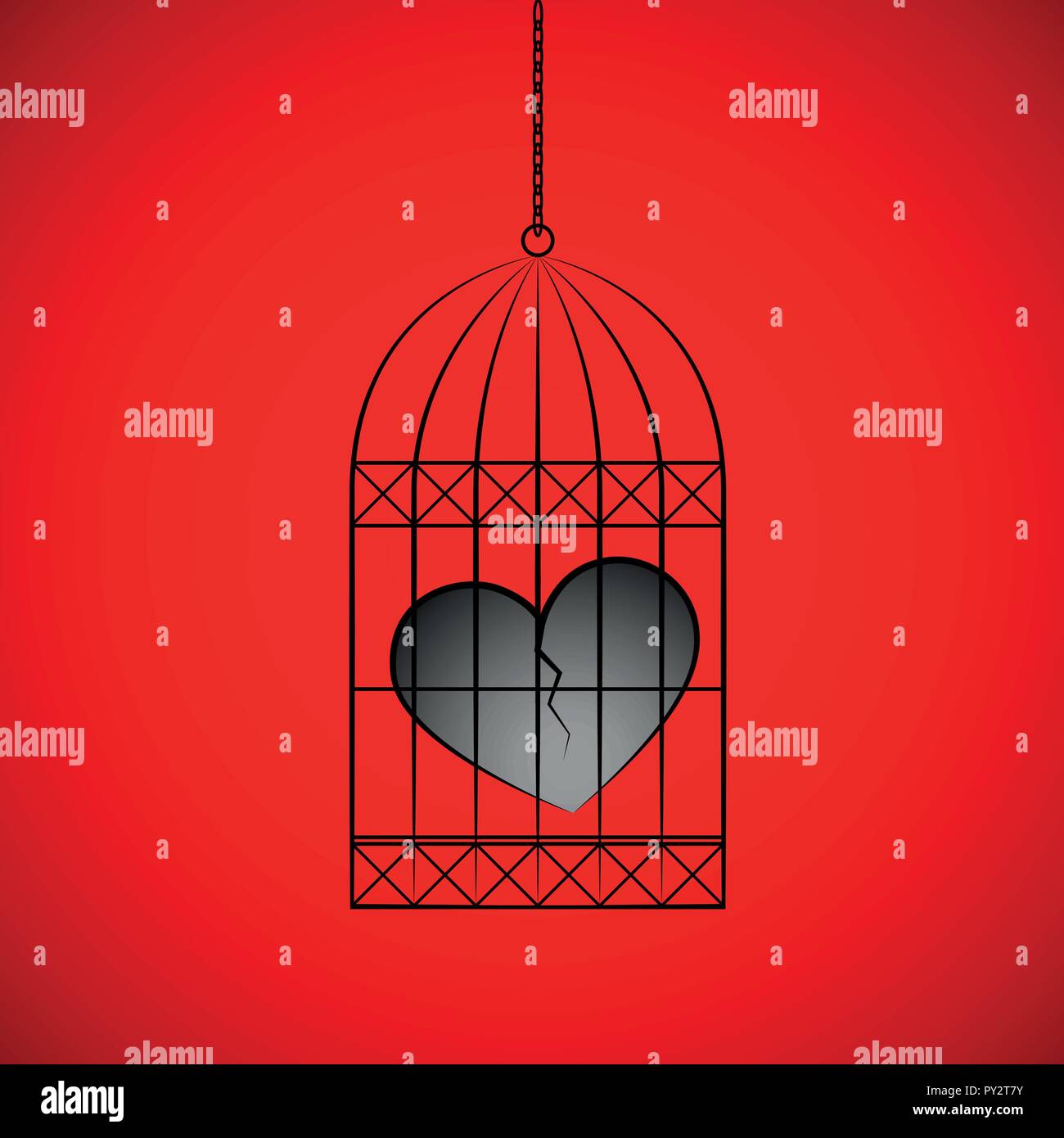 Cuore spezzato in una gabbia di uccelli su sfondo rosso illustrazione vettoriale EPS10 Illustrazione Vettoriale