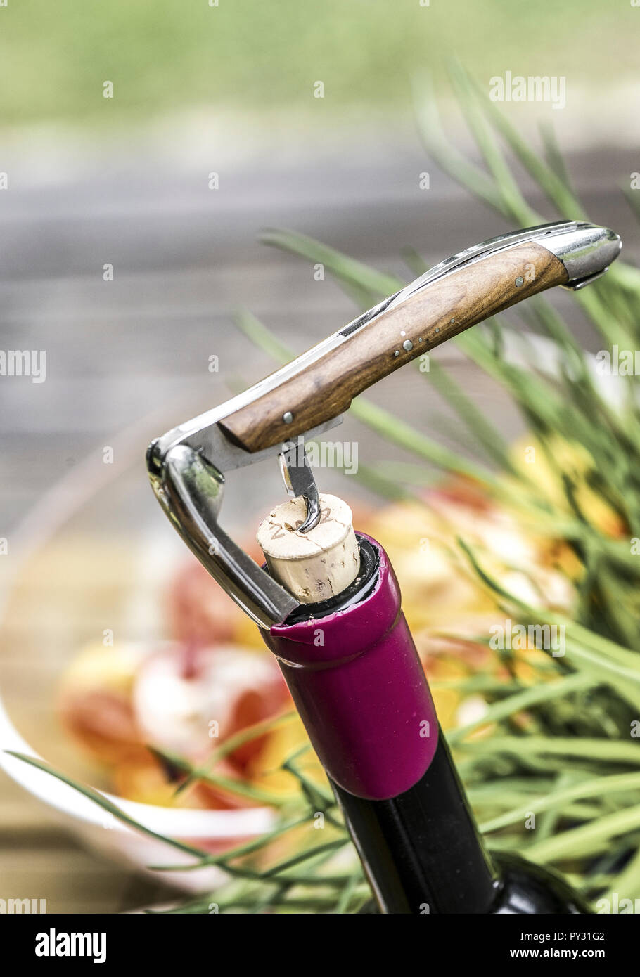 Weinflasche Korkenzieher mit Foto Stock