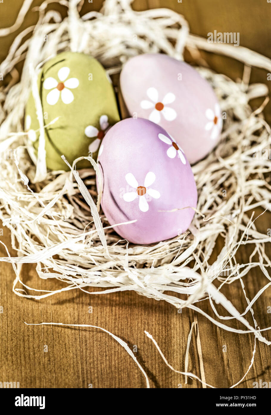 Bunte Ostereier Osternest im Foto Stock