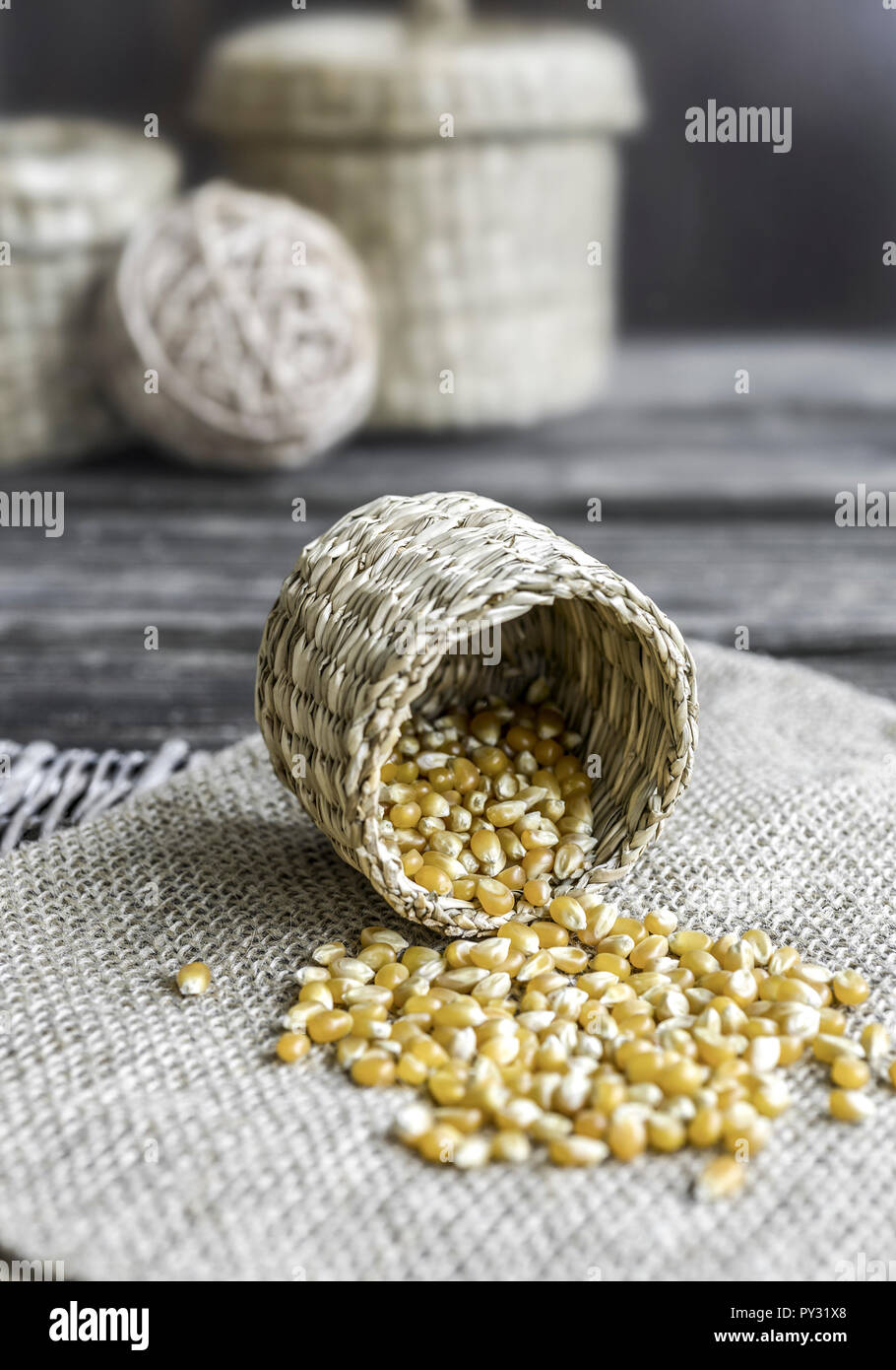 Maiskoerner caduti aus einem Koerbchen, Studioaufnahme Foto Stock