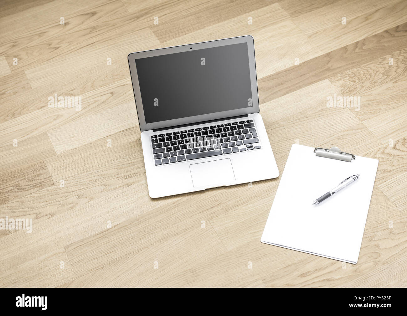Notebook und Notizblock auf Holzboden Foto Stock