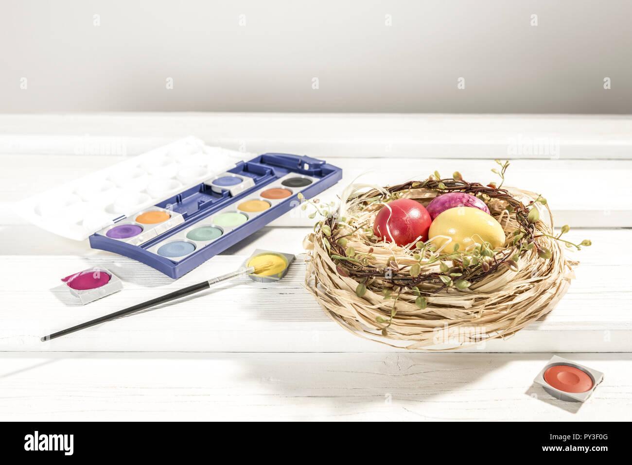 Ostereier Bemalte nel nido und Farbkasten Foto Stock