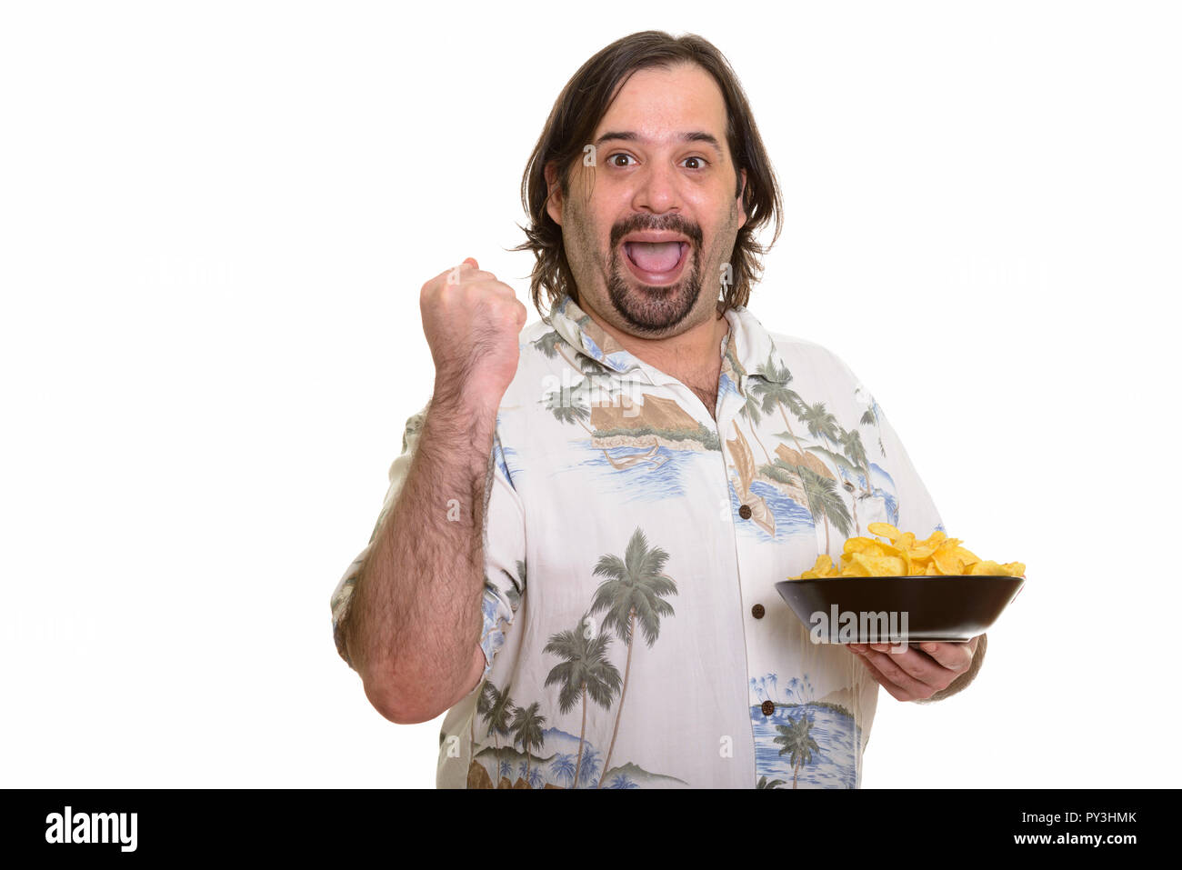 Felice fat uomo caucasico sorridente e cercando motivati mentre tenere Foto Stock