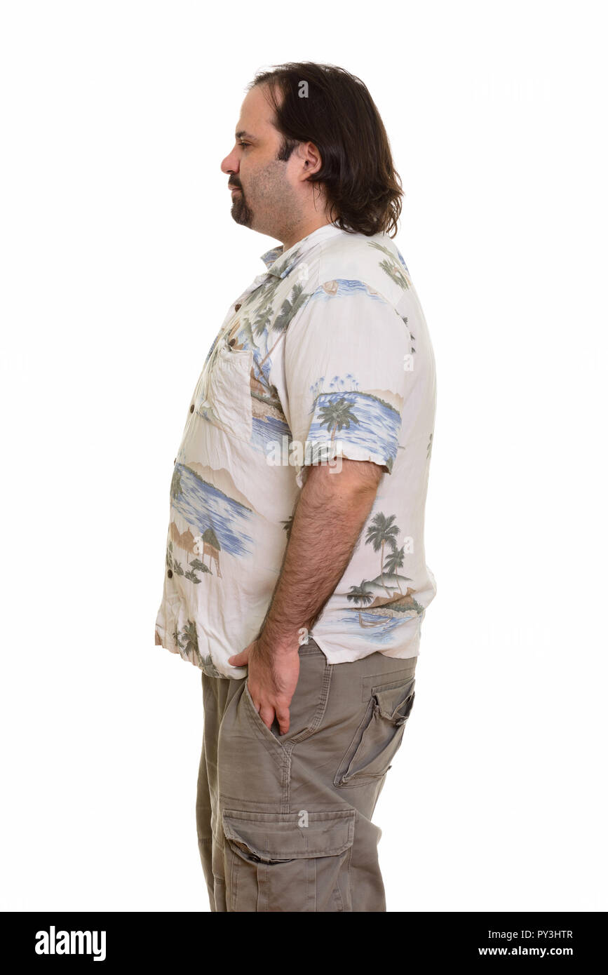 Vista di profilo di grasso uomo caucasico pronto per le vacanze Foto Stock