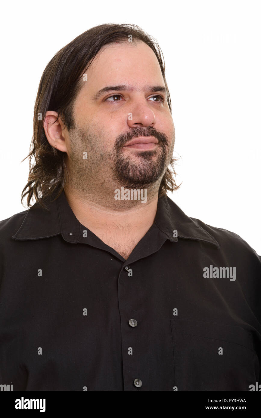 Close up di grasso uomo caucasico pensando e guardando in alto Foto Stock