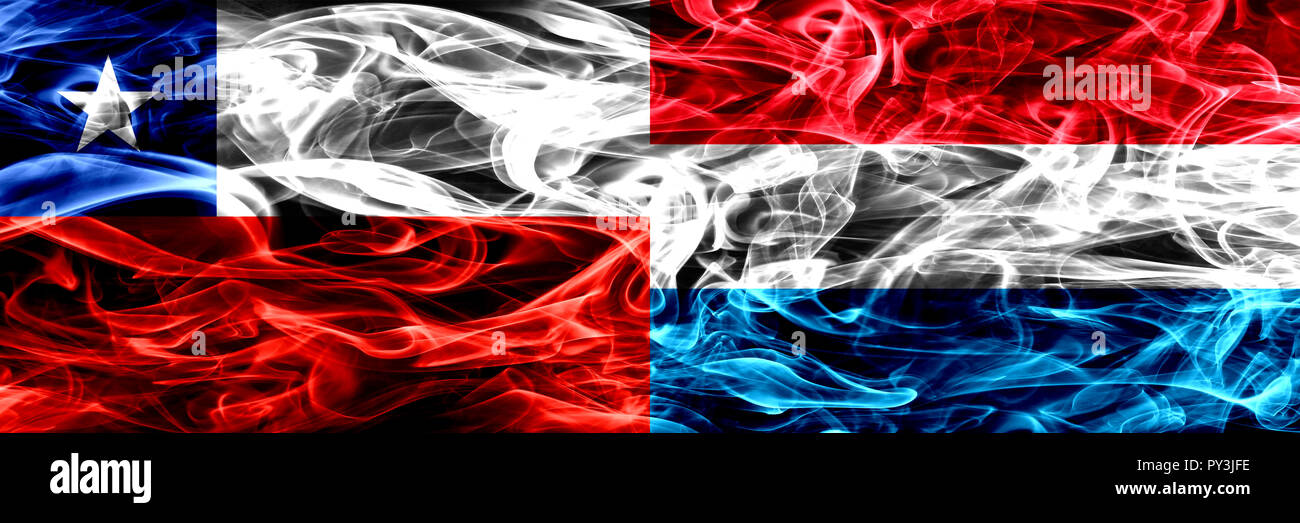 Il Cile, cileno vs Lussemburgo bandiere di fumo affiancati. Concetto e idea bandiere mix Foto Stock