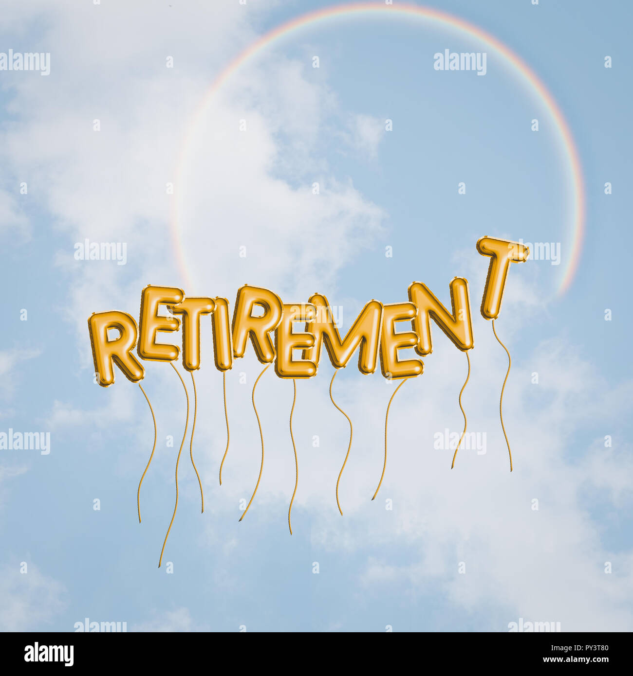 Felice concetto di pensionamento, cielo blu, rainbow, palloncini. Libertà, di sogni e speranze con testo parola. Brillante futuro ottimista. Foto Stock