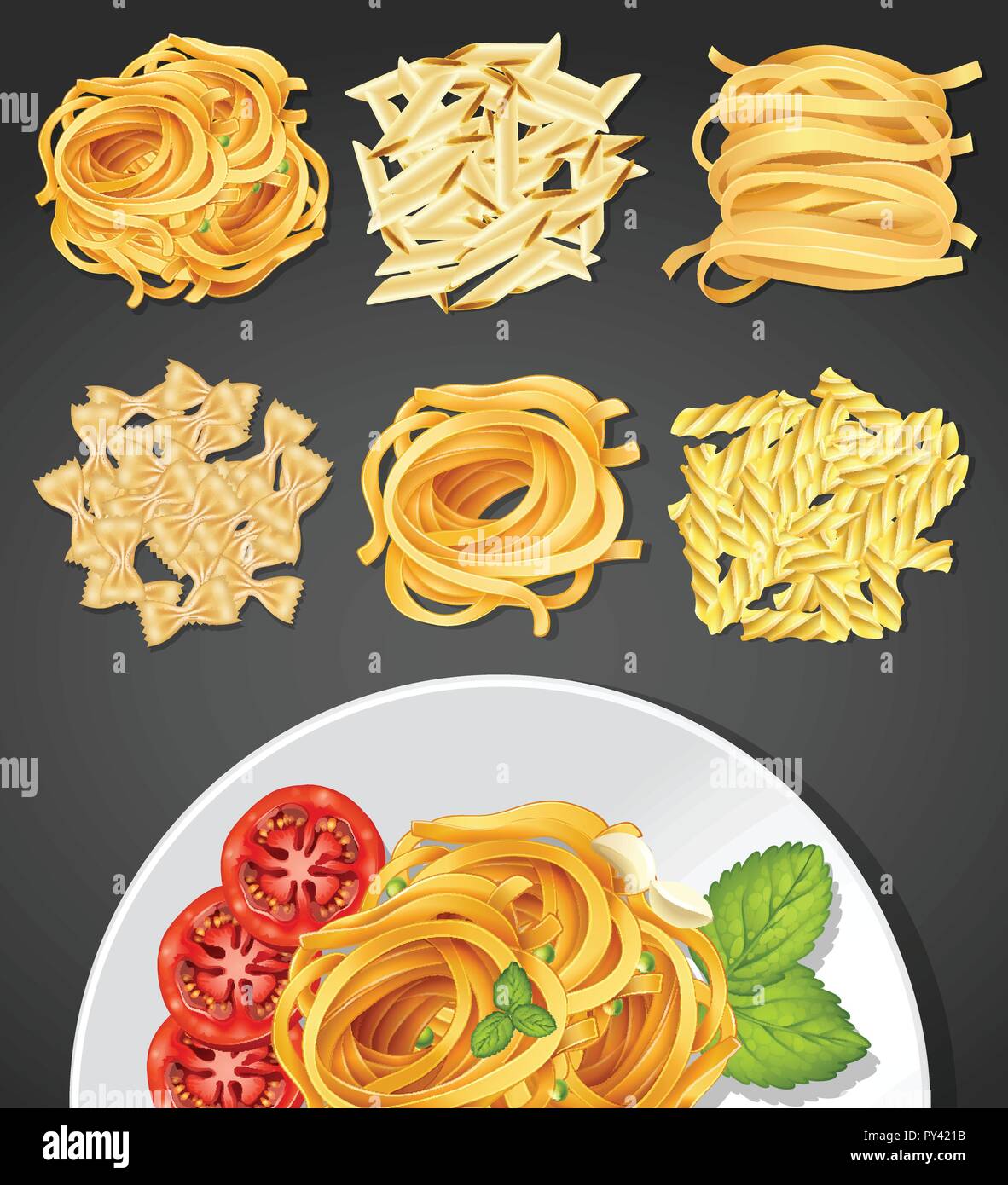 Diversi tipi di pasta e un piatto di pasta illustrazione Illustrazione Vettoriale