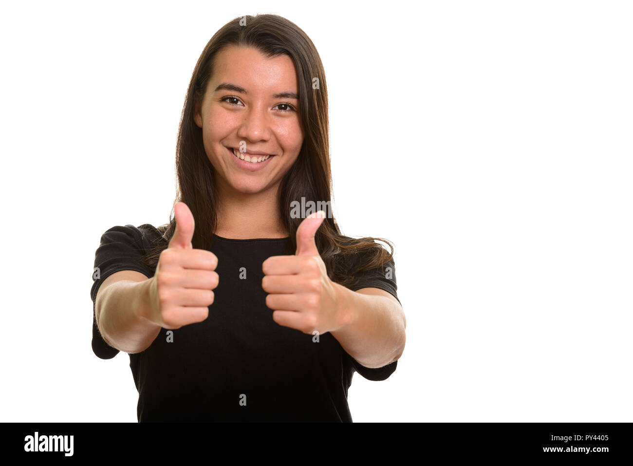Giovani caucasici felice donna sorridente e dando pollice in alto Foto Stock