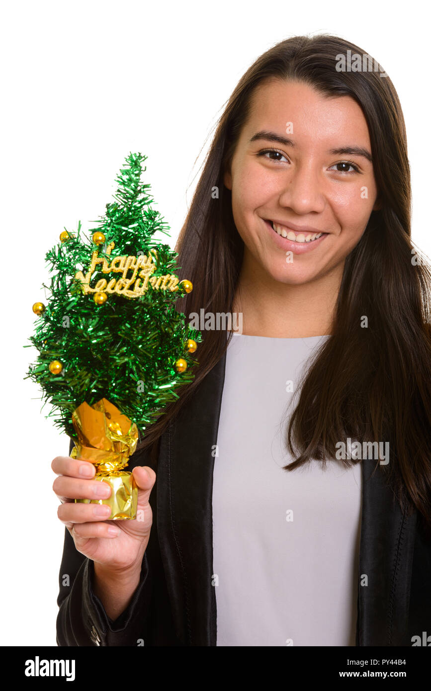 Giovani caucasici felice imprenditrice sorridente azienda Happy New Ye Foto Stock