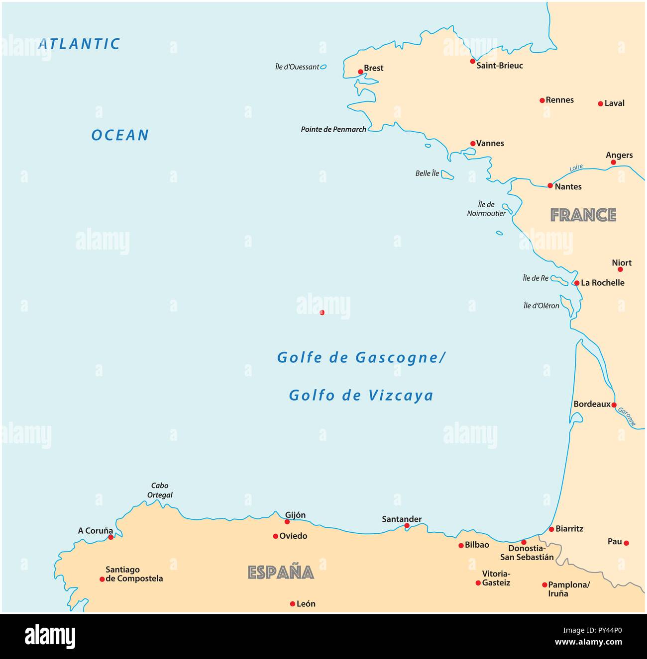 Baia di biscaya mappa vettoriale, Francia, Spagna. Illustrazione Vettoriale