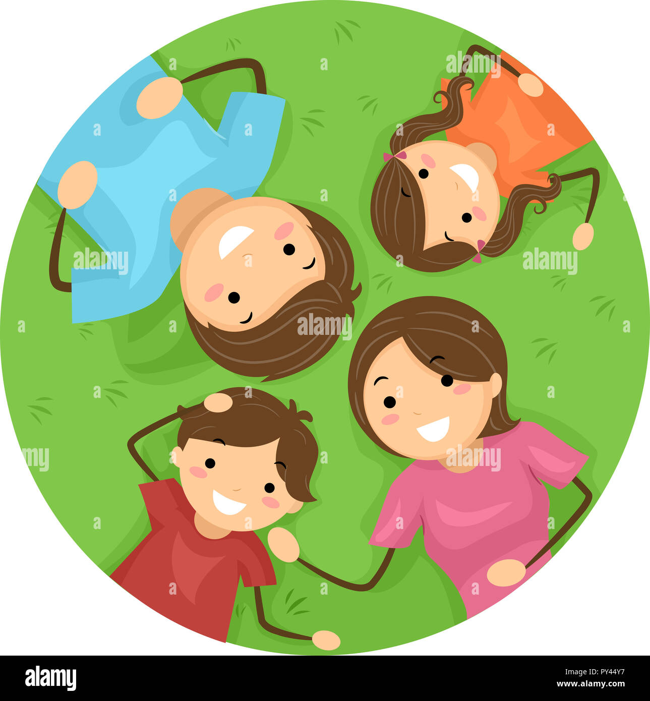 Illustrazione della famiglia Stickman sdraiati sull'erba in cerchio Foto Stock
