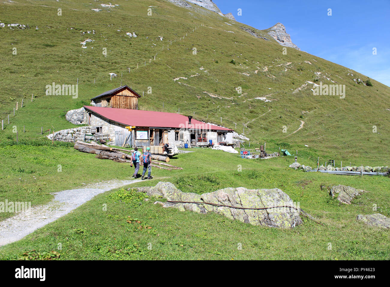 Obersteinberg isolato, escursionismo in alta valle di Lauterbrunnen, regione di Jungfrau svizzera. due ore e mezza di escursione da Stechelberg Foto Stock