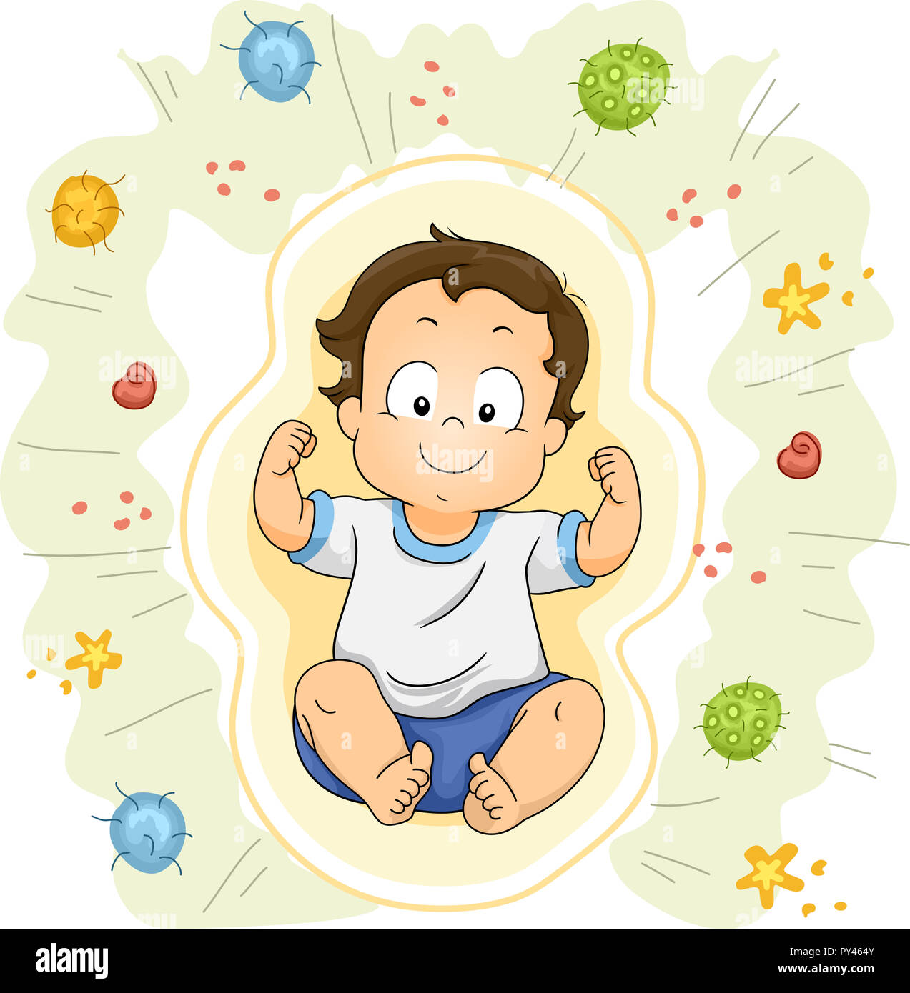 Illustrazione di un capretto Toddler Boy flettendo le braccia per mostrare la sua forza contro batteri e virus Foto Stock