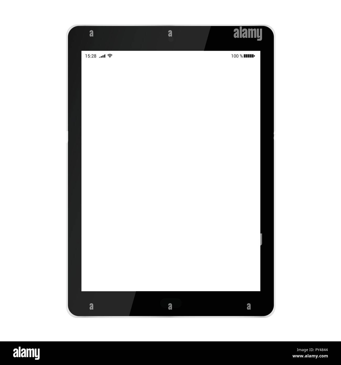 Illustrazione realistica del tablet nero con il bianco touch screen con batteria, wifi e rete cellulare simboli, con riflessi, isolato su bianco backgrou Illustrazione Vettoriale
