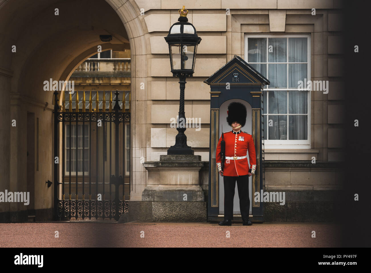 Un membro del Queens Guard fuori Buckingham Palace Foto Stock