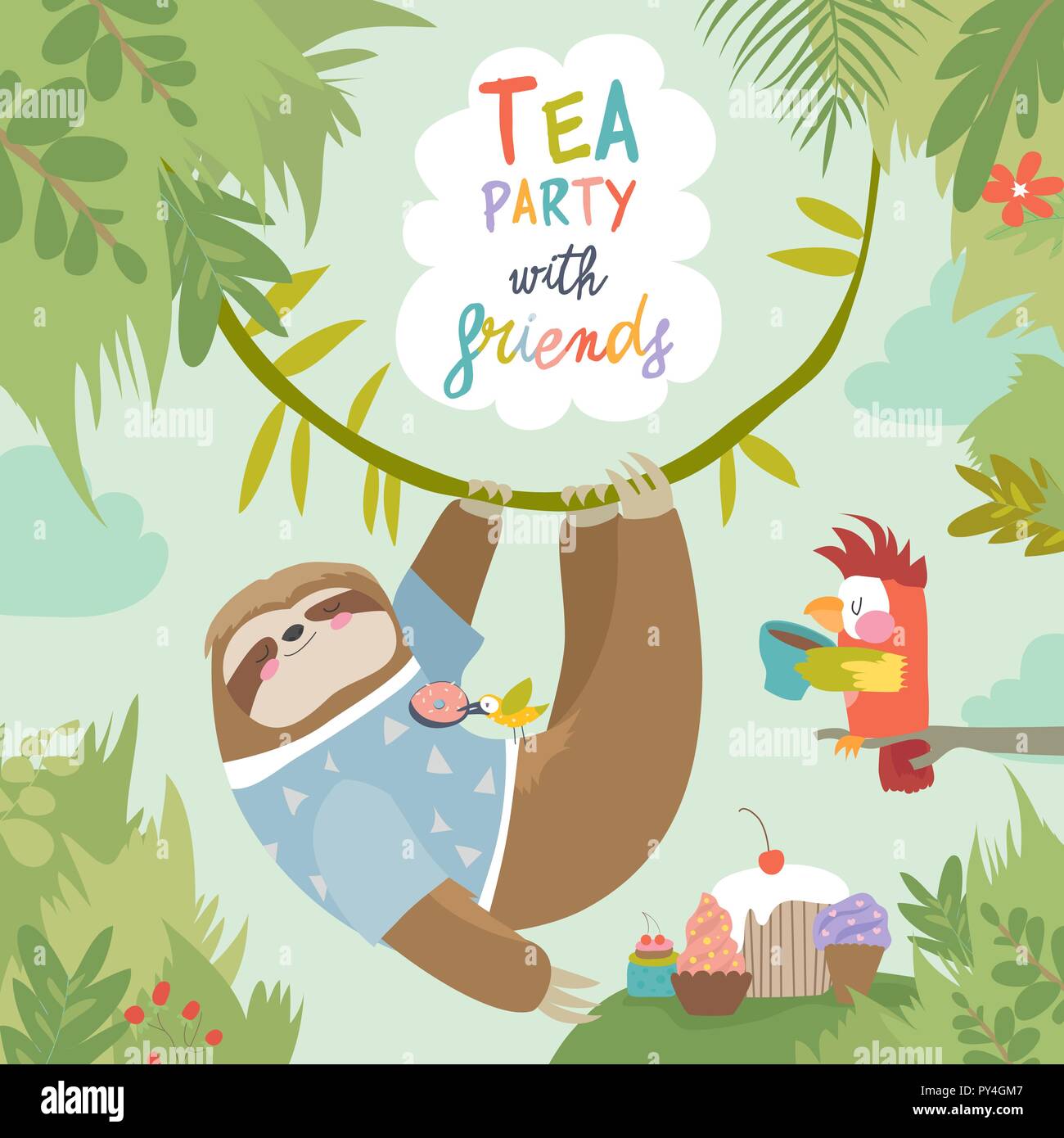 Scheda vettore con graziosi bradipo e poco parrot Illustrazione Vettoriale