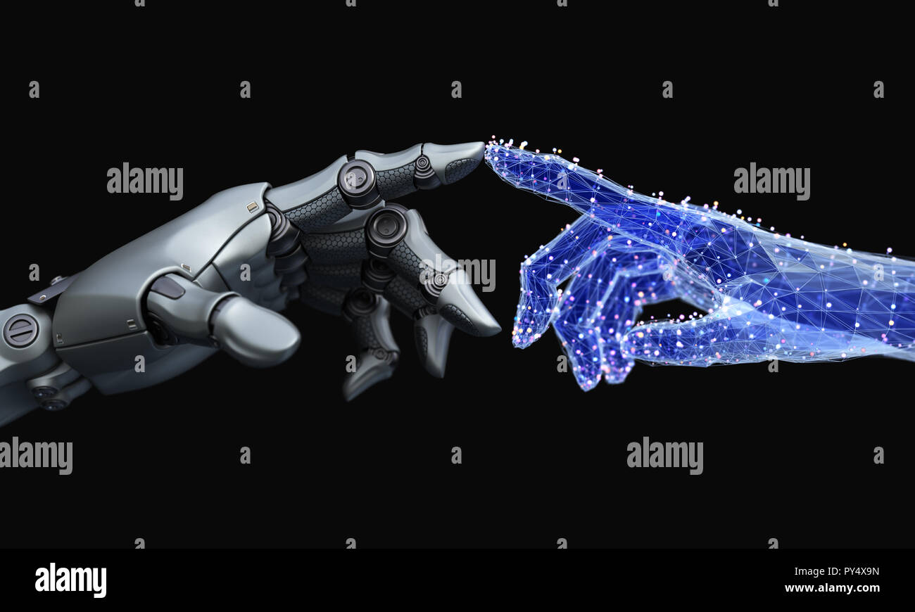 Robot si tocca mano mano virtuale fatta di net. 3D illustrazione Foto Stock