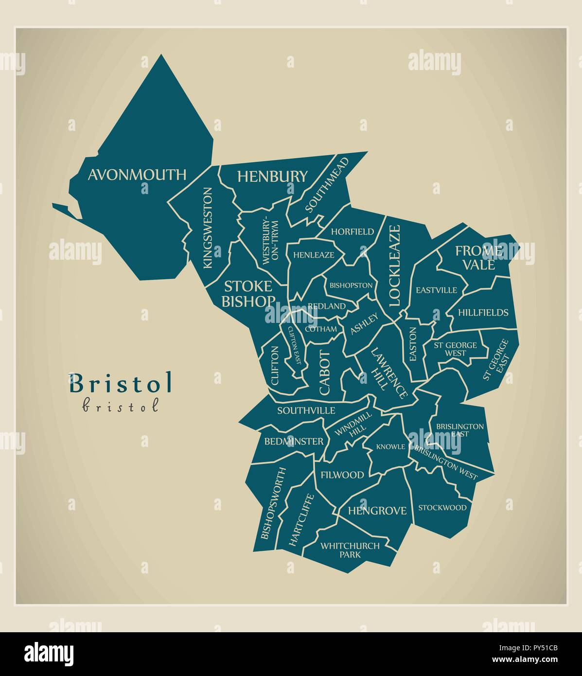 Città moderna mappa - Bristol City di Inghilterra con reparti di degenza e titoli REGNO UNITO Illustrazione Vettoriale
