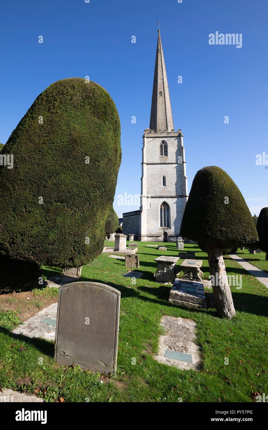 Painswick St Mary's chiesa parrocchiale con yew alberi nel sagrato della chiesa nel pomeriggio di sole, Painswick, Cotswolds, Gloucestershire, England, Regno Unito Foto Stock