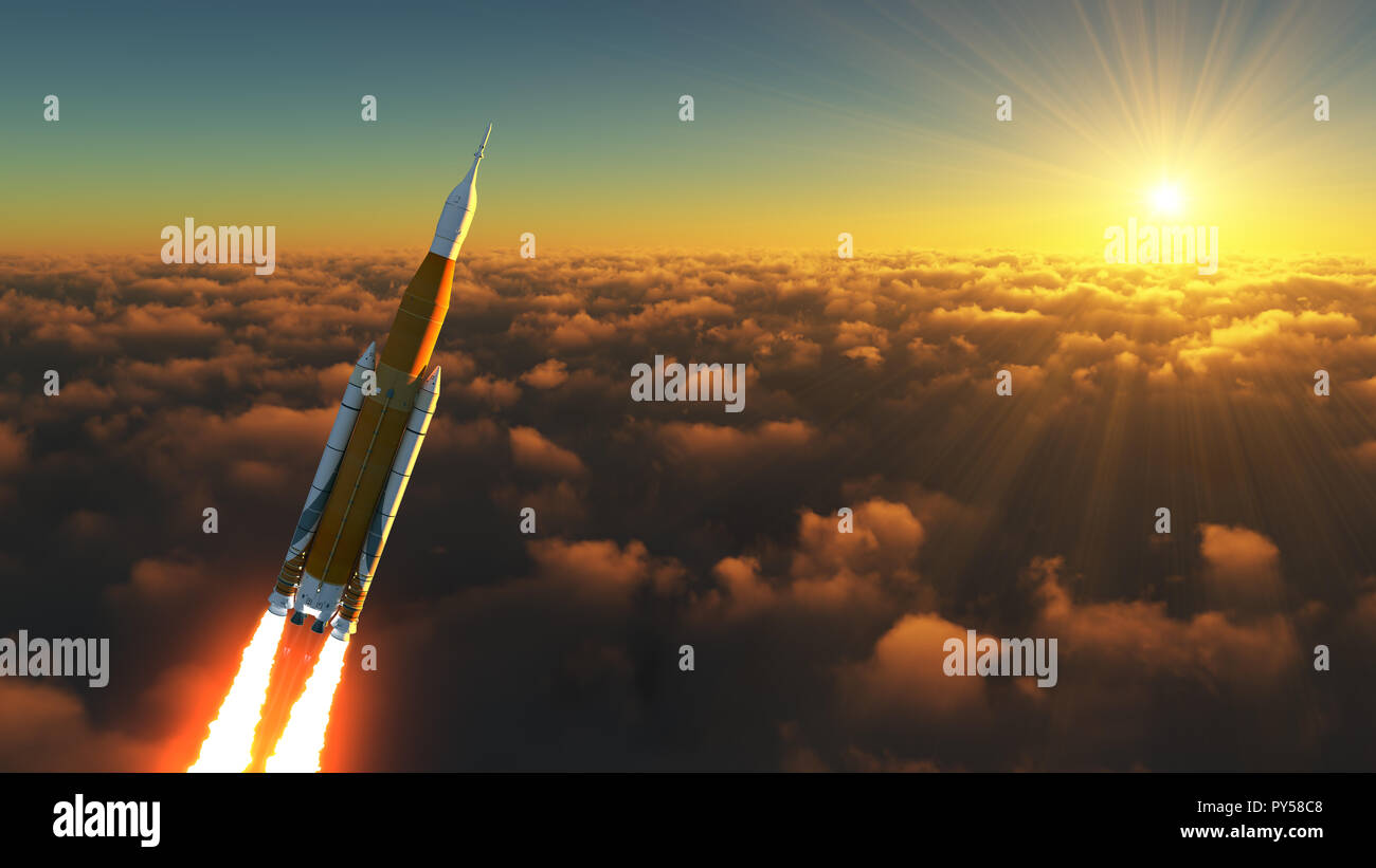 Spazio americano sistema di lancio in raggi di Sunrise. 3D'illustrazione. Foto Stock