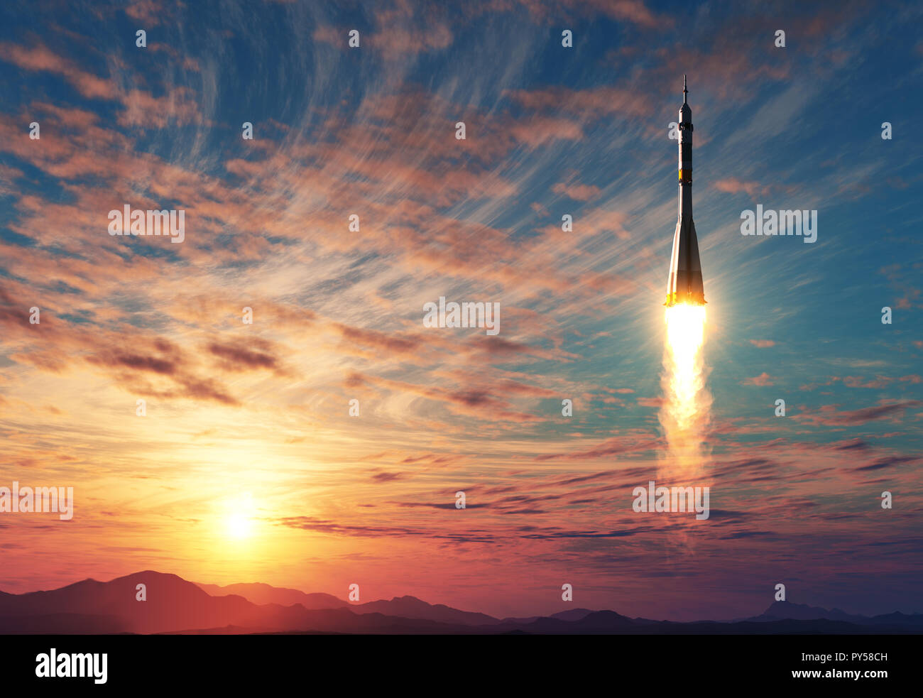 Razzo vettore prende il largo su sfondo di Sunrise. 3D'illustrazione. Foto Stock