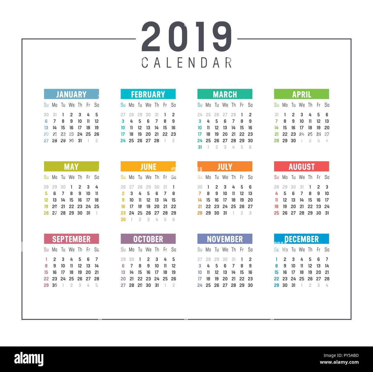 Colorato 2019 semplice calendario. Template vettoriale su sfondo bianco Illustrazione Vettoriale