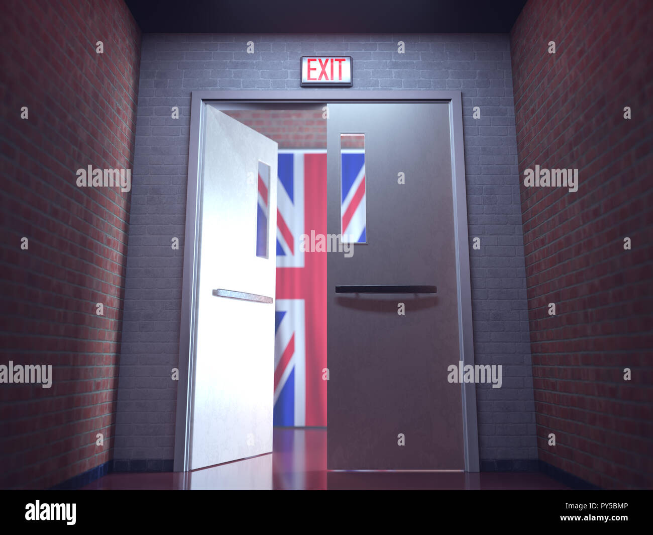 Rosso brillante segno di uscita al di sopra di una porta aperta e sullo sfondo la bandiera del Regno Unito in riferimento a Brexit, UK lasciando l'Unione europea. Foto Stock